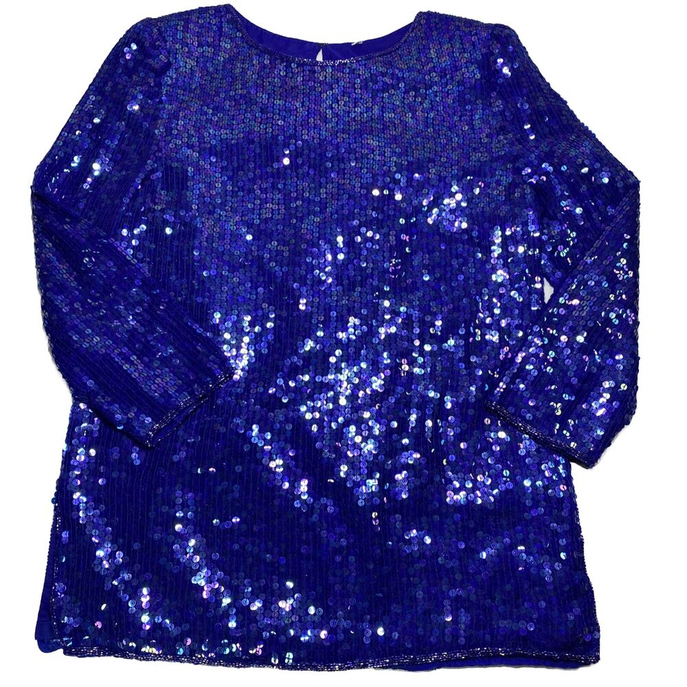 Vintage Women's Top Blouse Sequin All‎ Over M Royal Blue 100% Silk Glamour READ